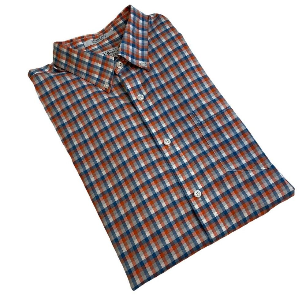 LL Bean Mens Tall Orange Plaid Traditional Fit Button Down Outdoor XL